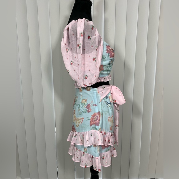 DOLLS KILL x HOLLY HOBBIE Pat A Cake Floral Print Chiffon Skirt Set Pink Size S - Picture 4 of 6
